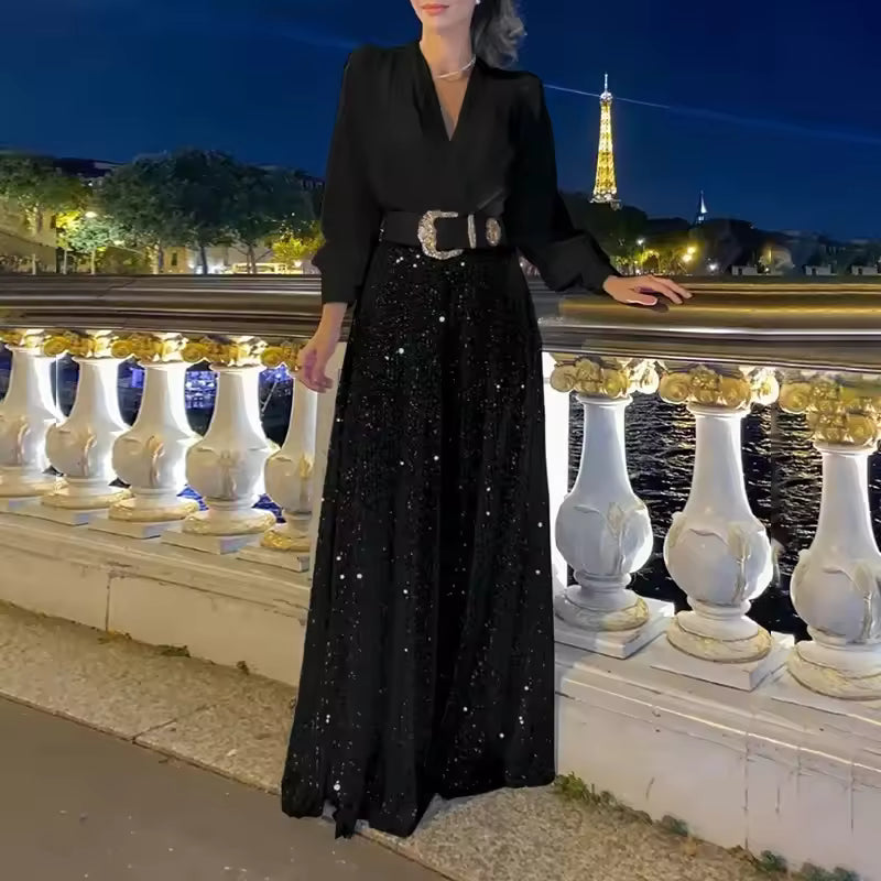 Elegantes Damen Abendkleid mit V-Ausschnitt und langen Ärmeln | M&G - 2 - Modeglanz