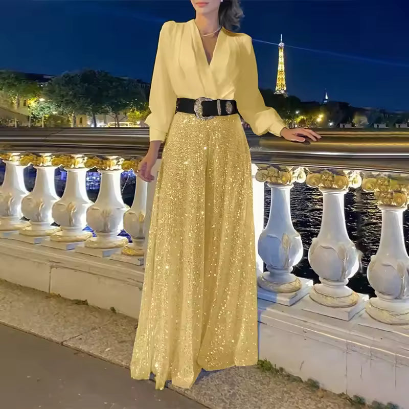 Elegantes Damen Abendkleid mit V-Ausschnitt und langen Ärmeln | M&G - 3 - Modeglanz
