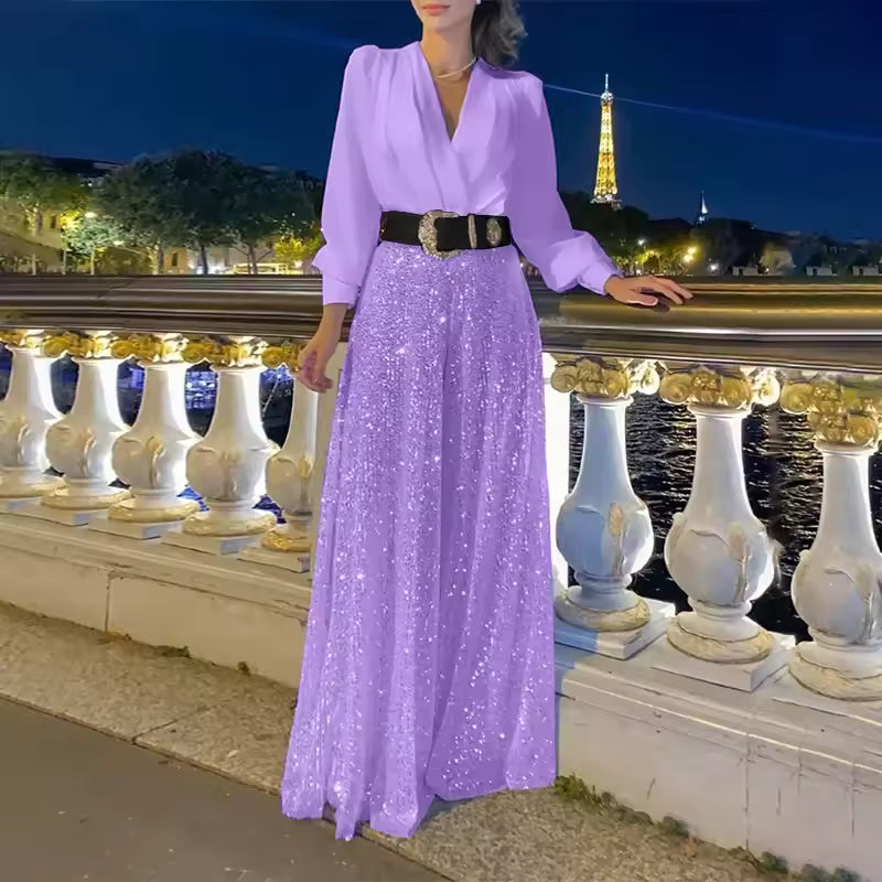 Elegantes Damen Abendkleid mit V-Ausschnitt und langen Ärmeln | M&G - 4 - Modeglanz