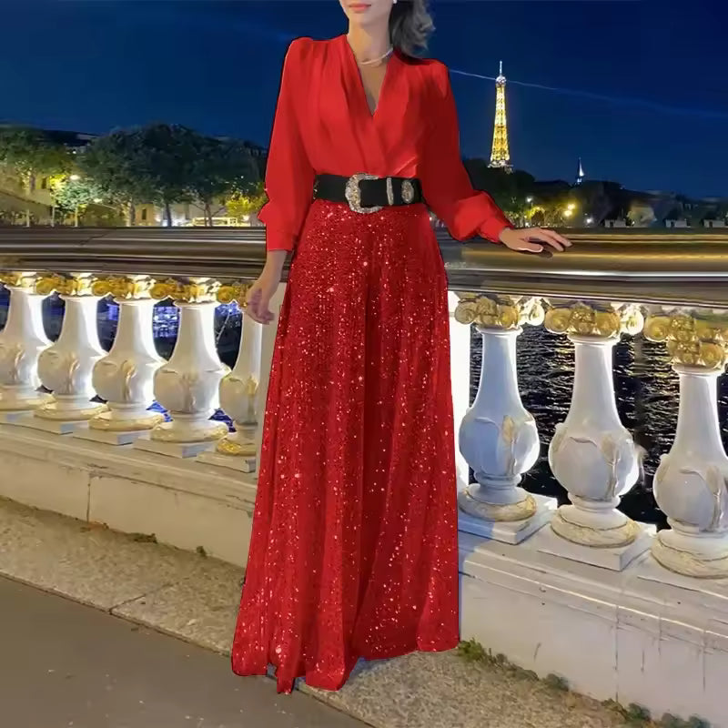 Elegantes Damen Abendkleid mit V-Ausschnitt und langen Ärmeln | M&G - 5 - Modeglanz