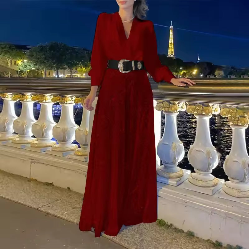 Elegantes Damen Abendkleid mit V-Ausschnitt und langen Ärmeln | M&G - 6 - Modeglanz