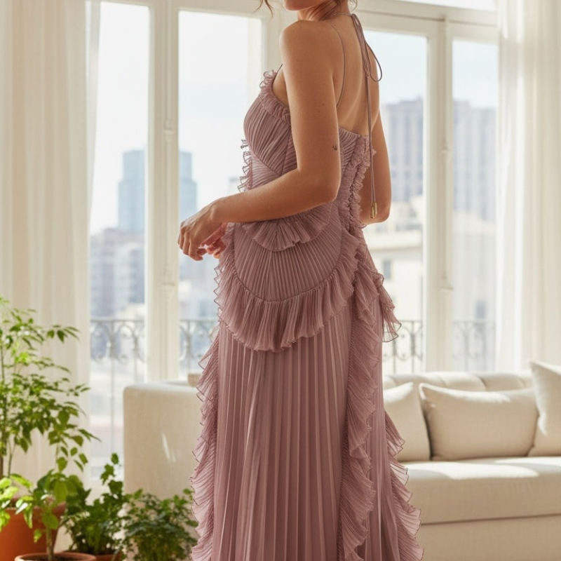 Maxikleid Damen mit asymmetrischem Schnitt und Rüschendetails | M&G - 3 - Modeglanz