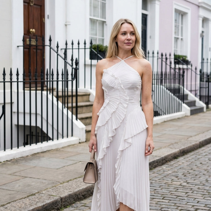 Maxikleid Damen mit asymmetrischem Schnitt und Rüschendetails | M&G - 9 - Modeglanz