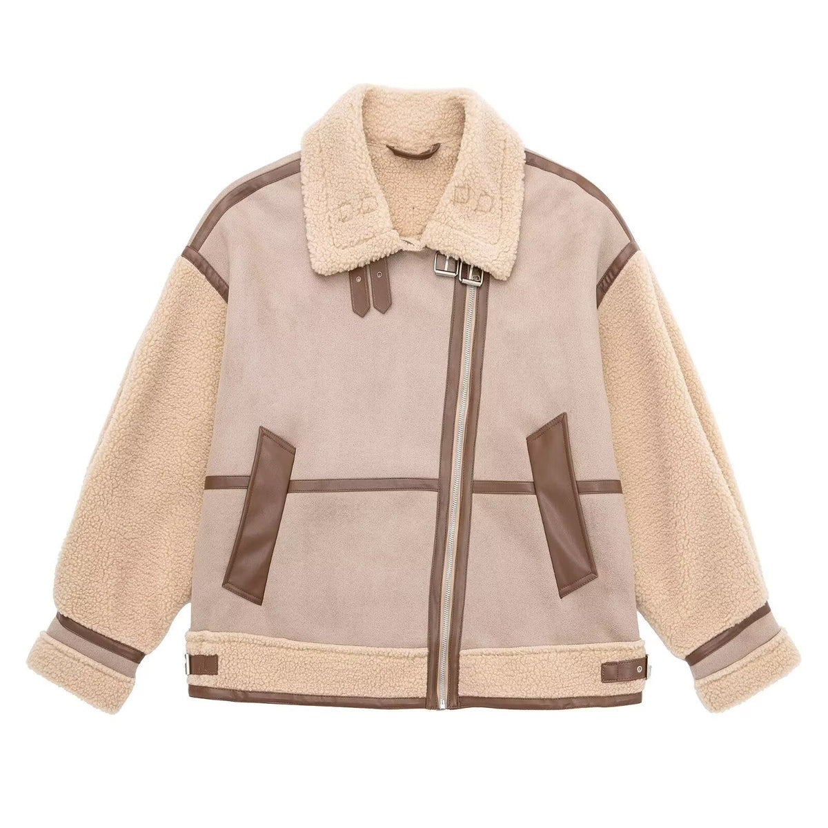 Oversized Fliegerjacke Damen mit asymmetrischem Reißverschluss und Stehkragen | T&S - 2 - Modeglanz