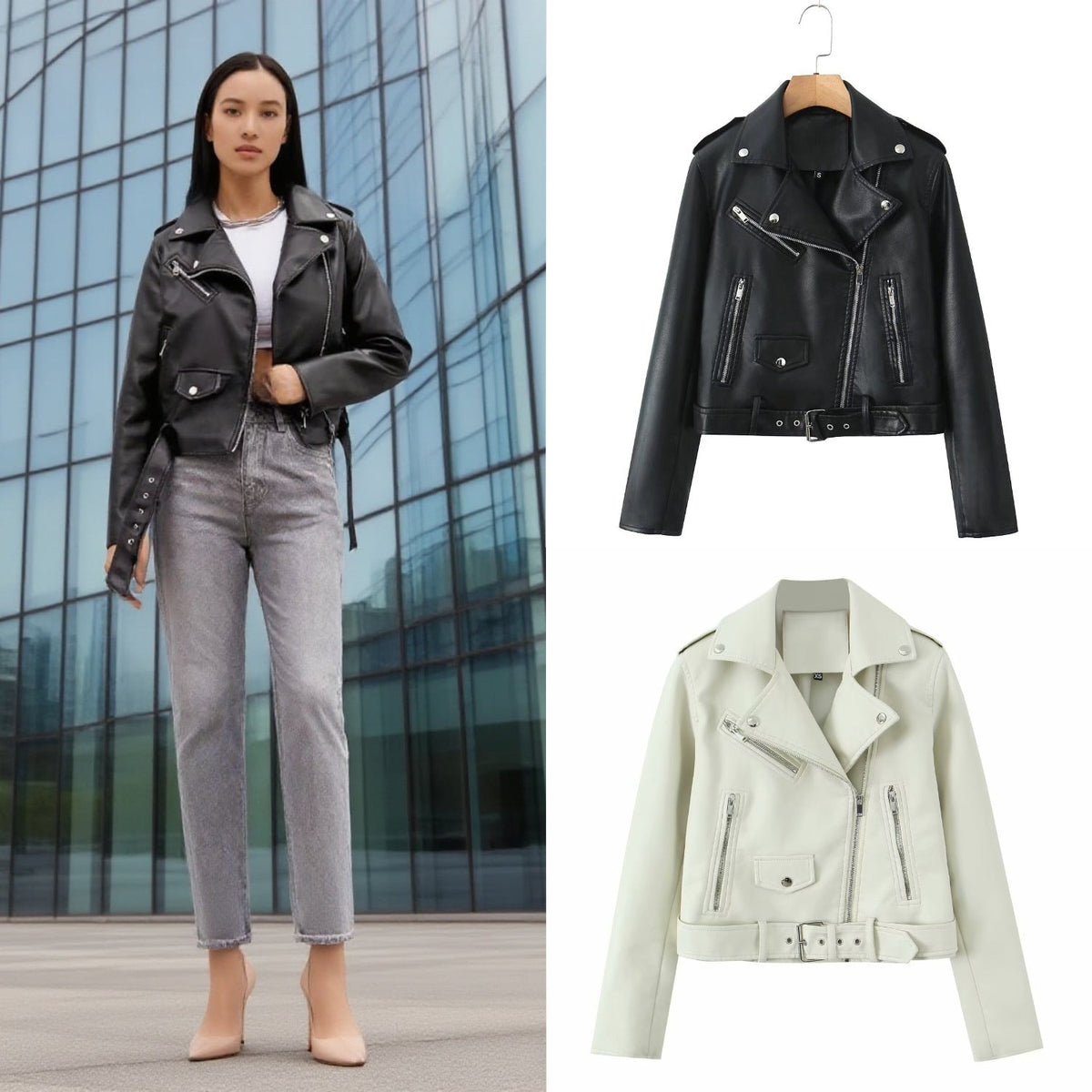 Bikerjacke Damen mit asymmetrischem Reißverschluss und Taillengürtel | T&S - 1 - Modeglanz