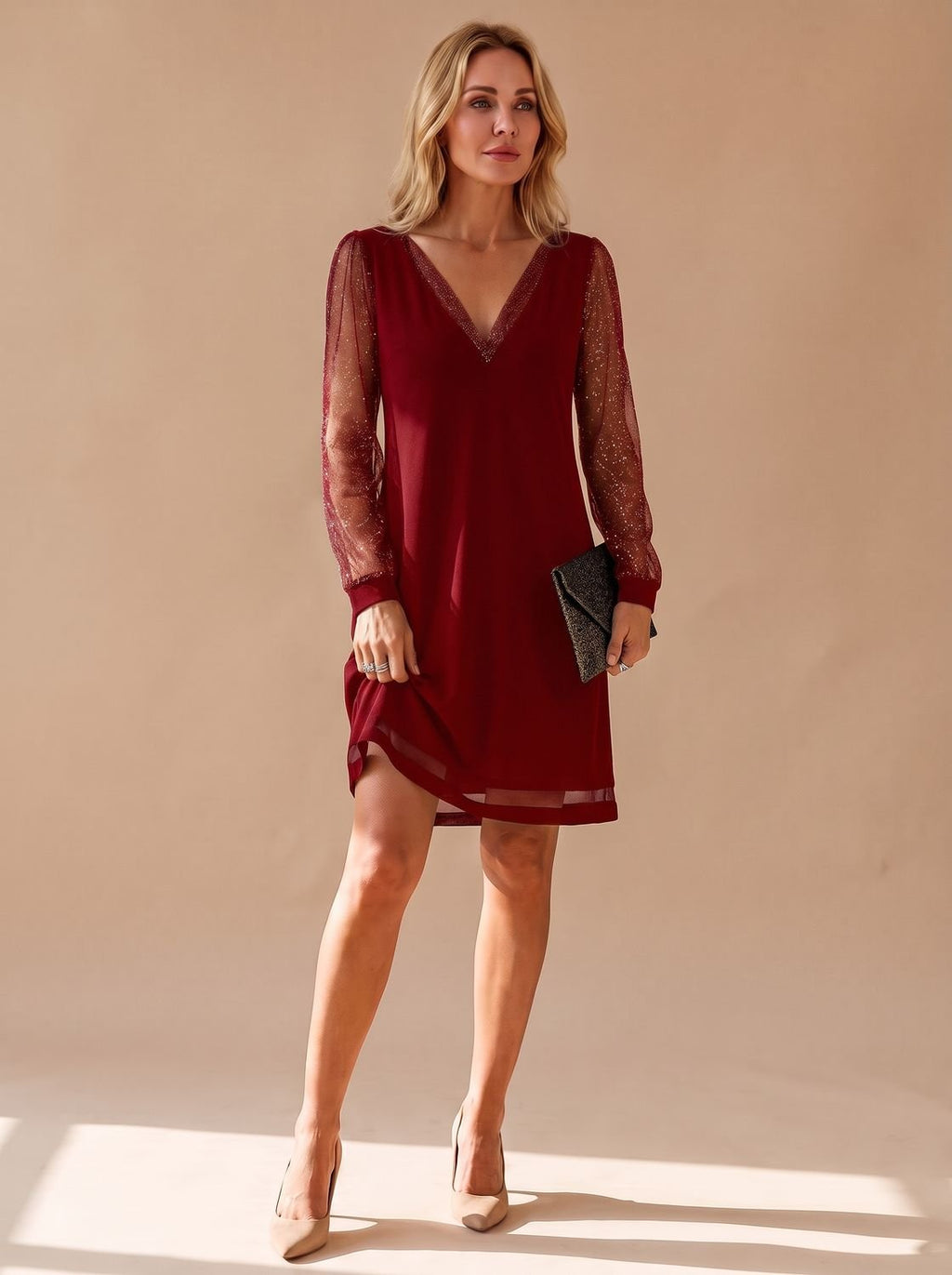 Abendkleid Damen V-Ausschnitt mit transparenten Ärmeln | T&S - 2 - Modeglanz