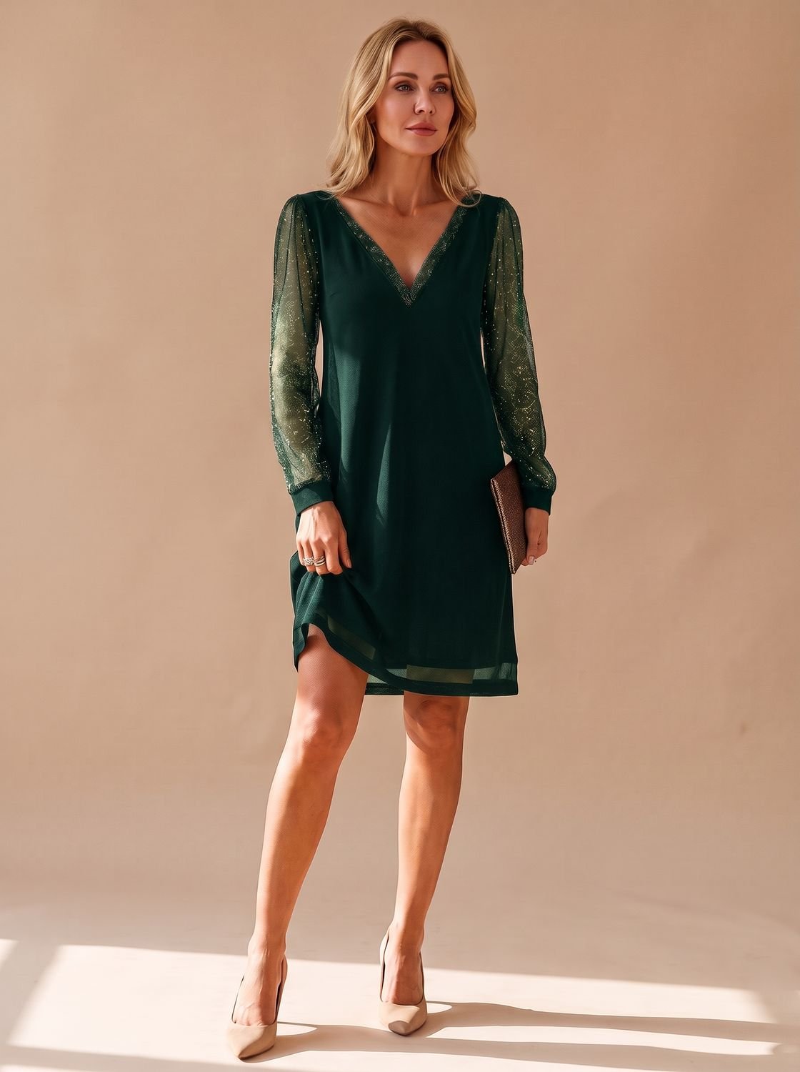 Abendkleid Damen V-Ausschnitt mit transparenten Ärmeln | T&S - 3 - Modeglanz