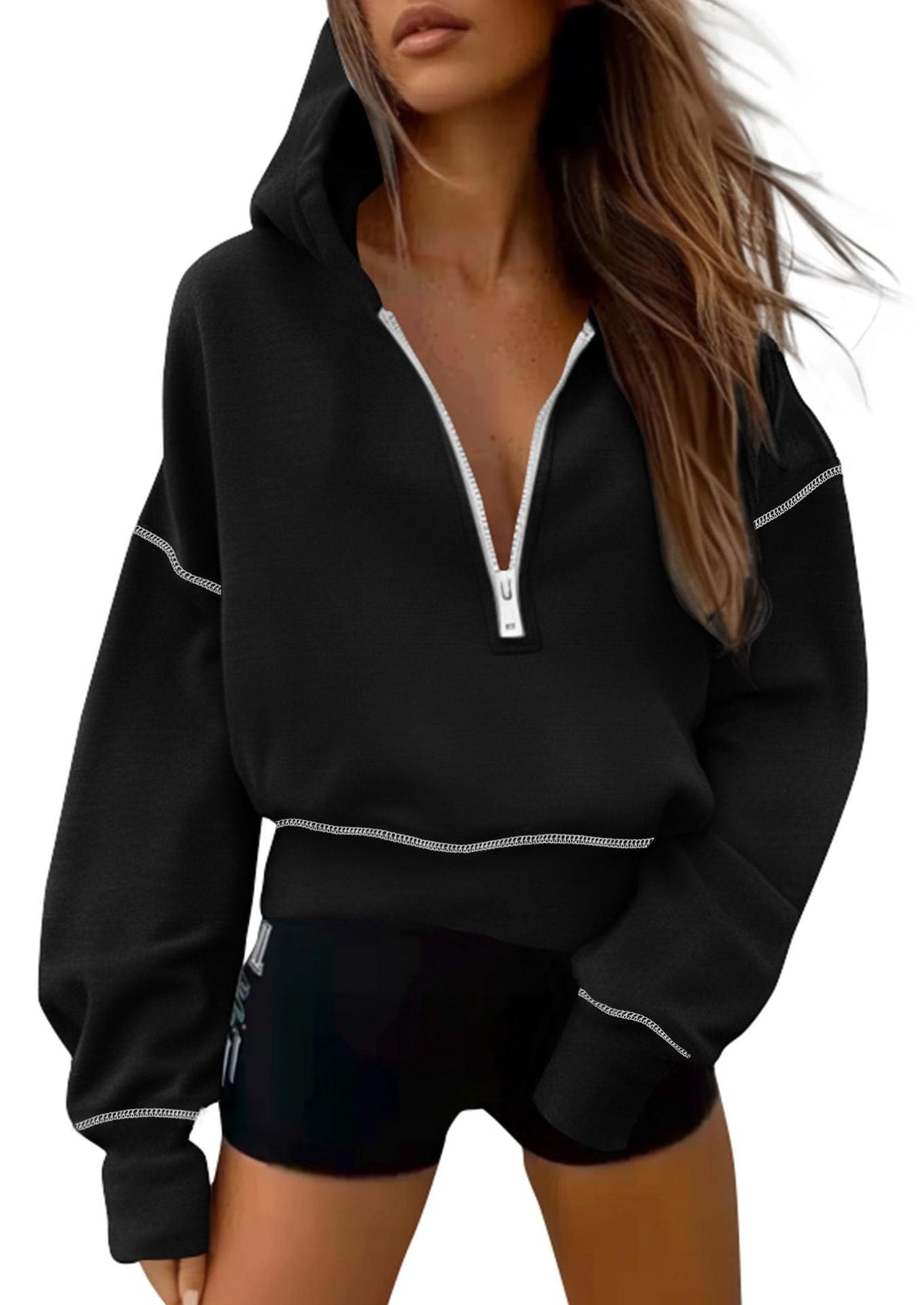 Modischer Hoodie Damen mit halbem Reißverschluss und Puffärmeln | T&S - 3 - Modeglanz