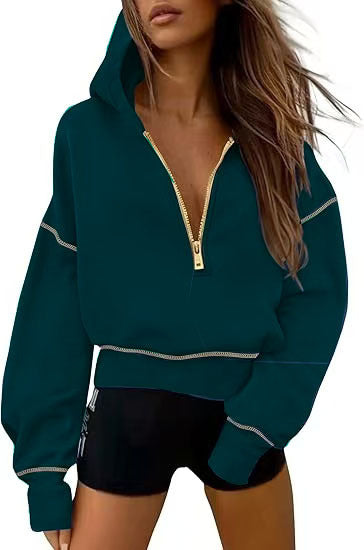 Modischer Hoodie Damen mit halbem Reißverschluss und Puffärmeln | T&S - 5 - Modeglanz