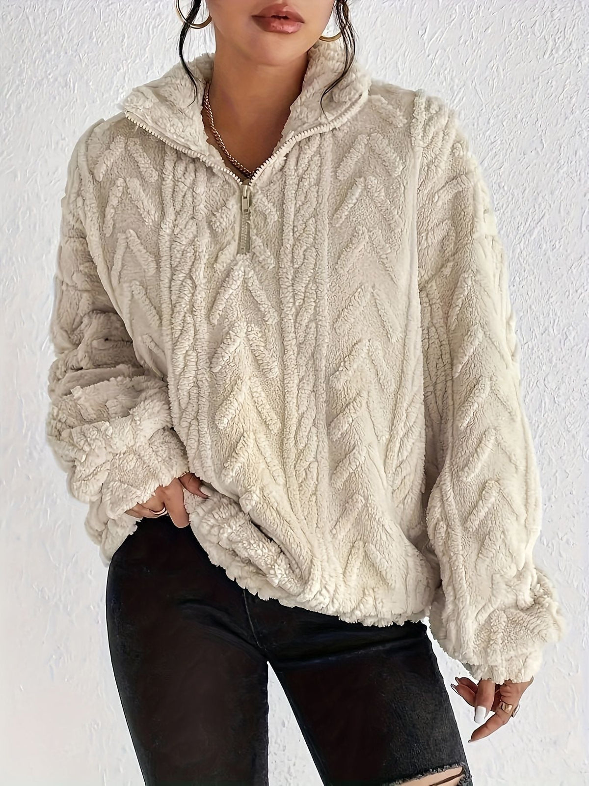 Pullover Damen mit hohem Kragen und Zopfdesign | T&S - 8 - Modeglanz