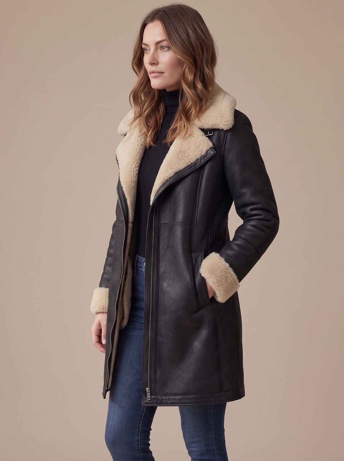 Women's Coat with Asymmetrical Zip and Shearling Collar - 5 - Modern britwear