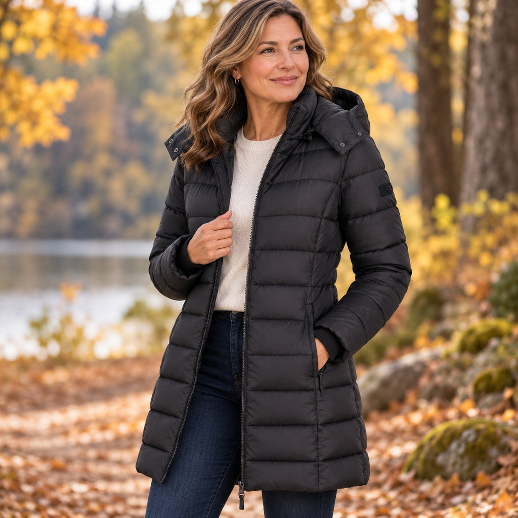 Damen Steppmantel mit Kapuze und taillierter Silhouette - 13 - Trendlinie