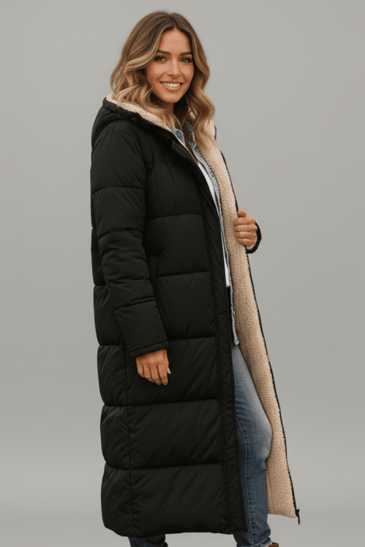 Steppmantel Damen mit Kapuze und langen Ärmeln - in Schwarz - 3 - Trendlinie