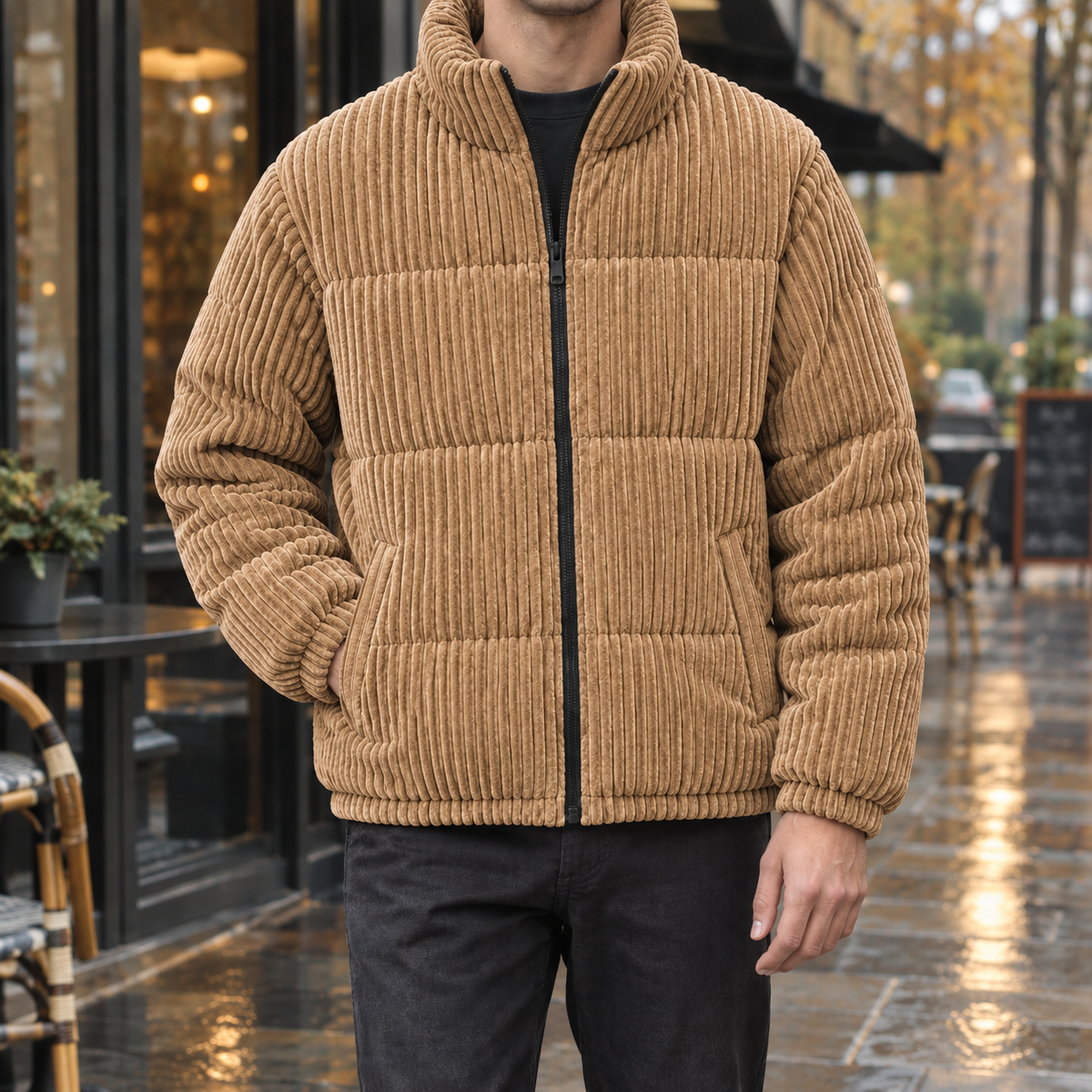Herren Stehkragen-Jacke mit Reißverschluss und gestreiftem Design - 4 - Trendlinie