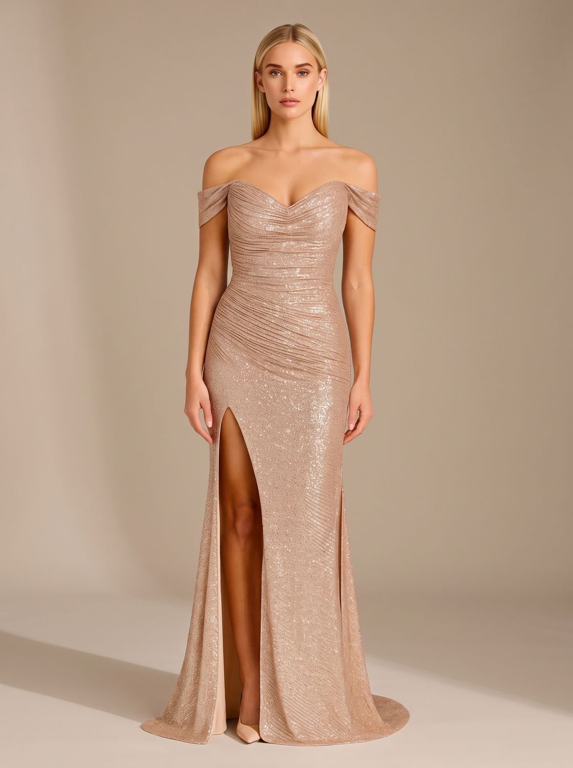 Abendkleid Damen mit schulterfreiem Design und hohem Schlitz - 1 - Trendlinie