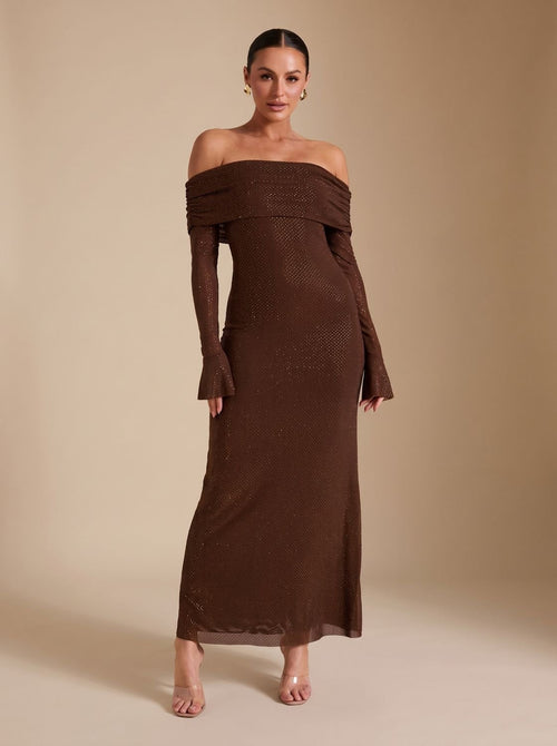 Abendkleid Damen schulterfrei mit langen Ärmeln und figurbetonter Silhouette - 1 - Trendlinie