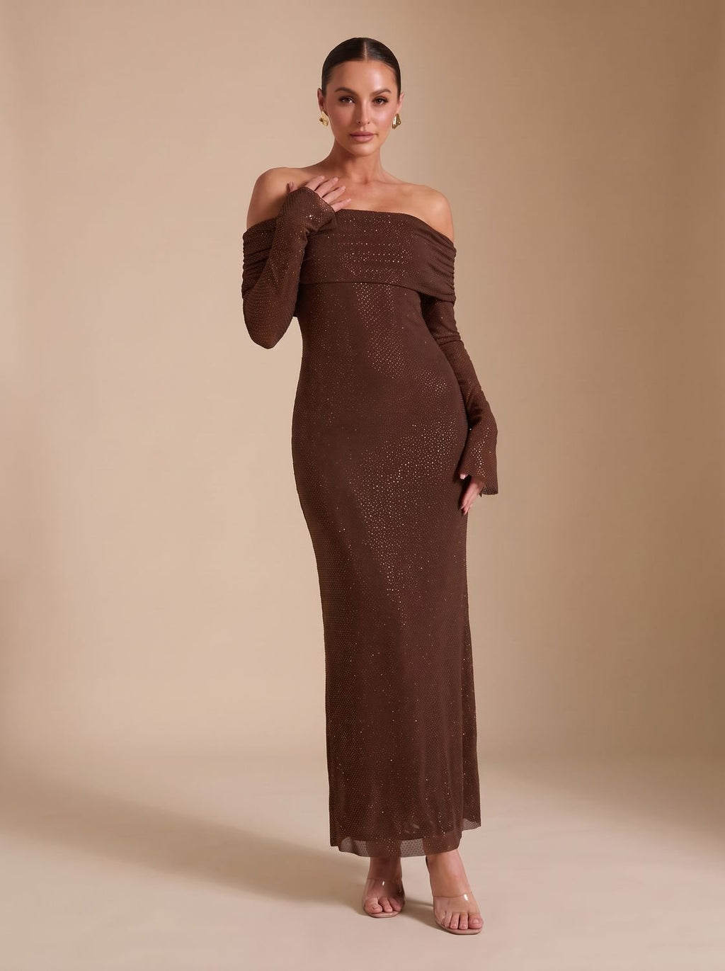 Abendkleid Damen schulterfrei mit langen Ärmeln und figurbetonter Silhouette - 2 - Trendlinie