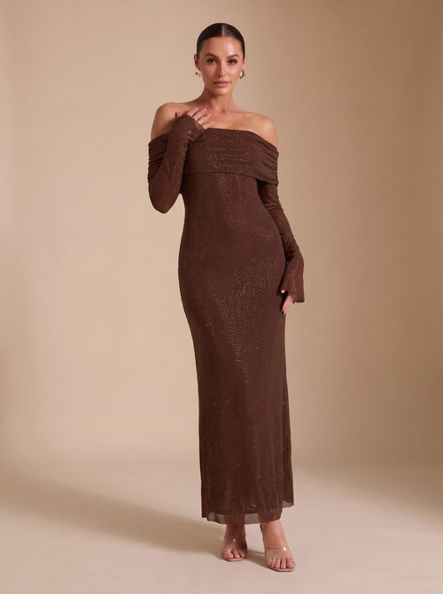 Abendkleid Damen schulterfrei mit langen Ärmeln und figurbetonter Silhouette - 2 - Trendlinie