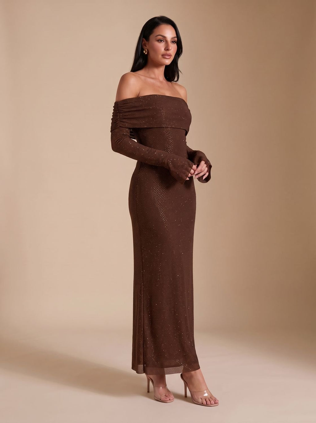 Abendkleid Damen schulterfrei mit langen Ärmeln und figurbetonter Silhouette - 3 - Trendlinie