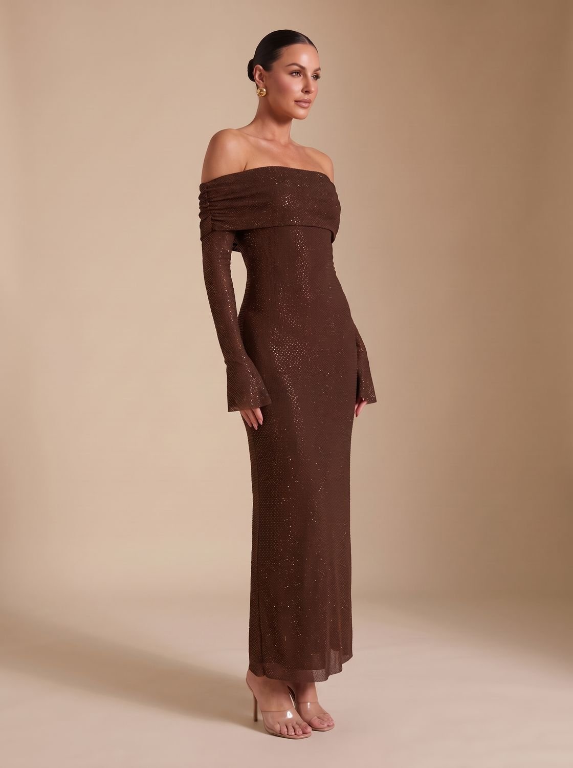Abendkleid Damen schulterfrei mit langen Ärmeln und figurbetonter Silhouette - 4 - Trendlinie