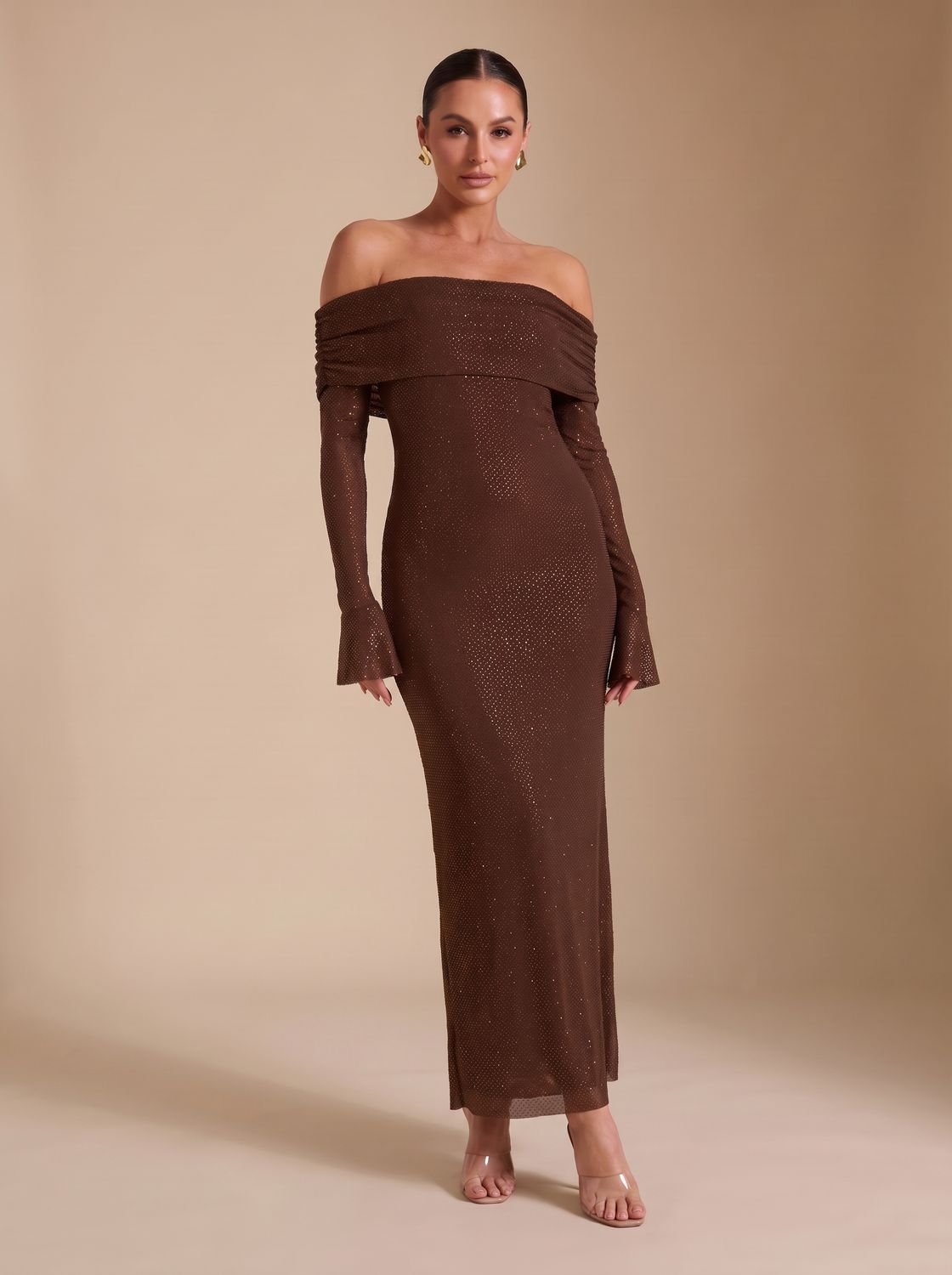 Abendkleid Damen schulterfrei mit langen Ärmeln und figurbetonter Silhouette - 9 - Trendlinie