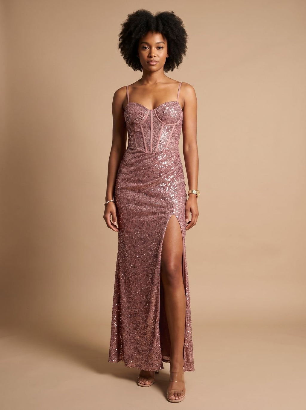 Abendkleid Damen mit Spaghetti-Trägern und hohem Schlitz - 5 - Trendlinie