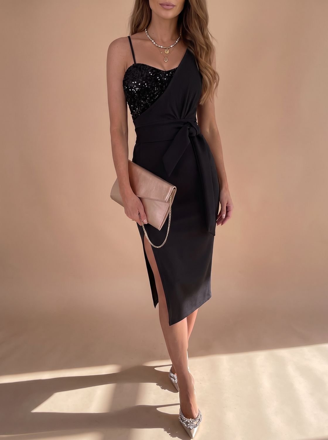 Midi Kleid Damen mit Wickelschnitt und Taillengürtel - 3 - Trendlinie