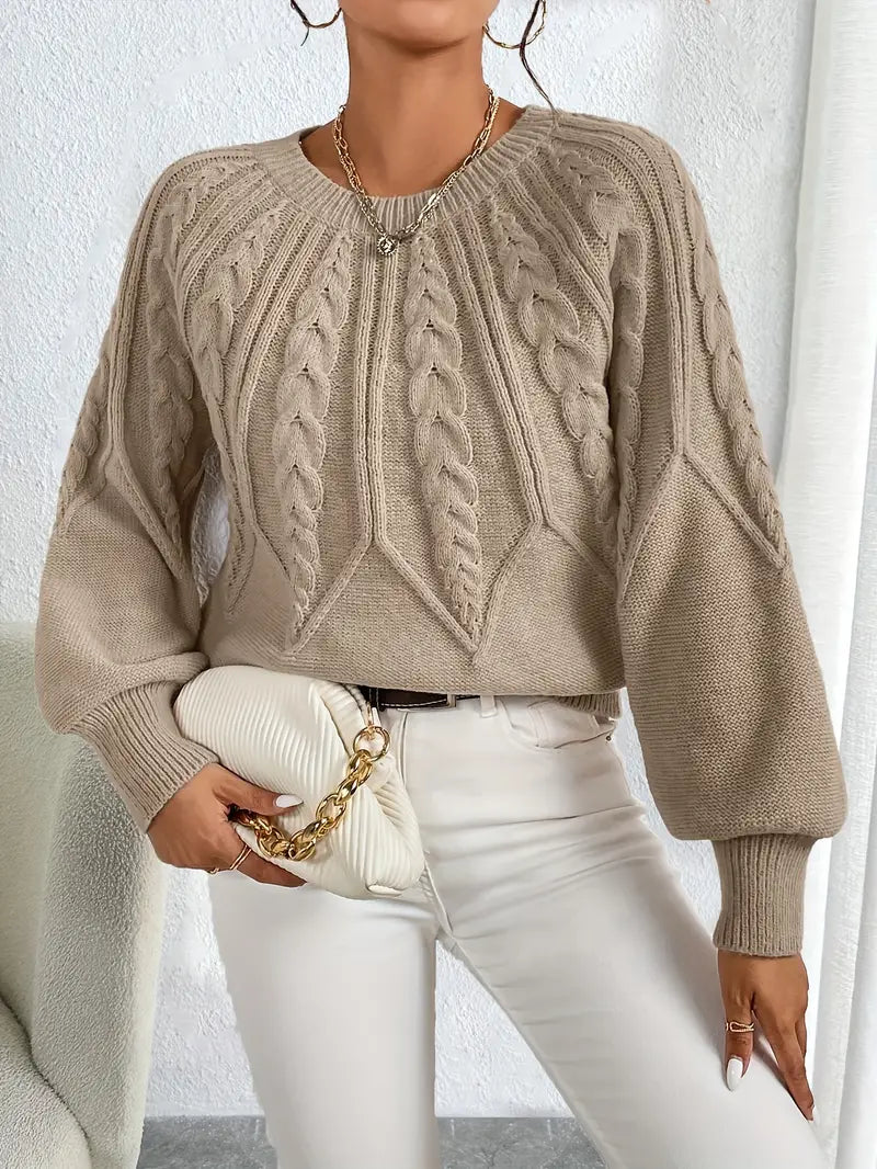 Damen Pullover mit Zopfmuster und voluminösen Ärmeln - 4 - Trendlinie