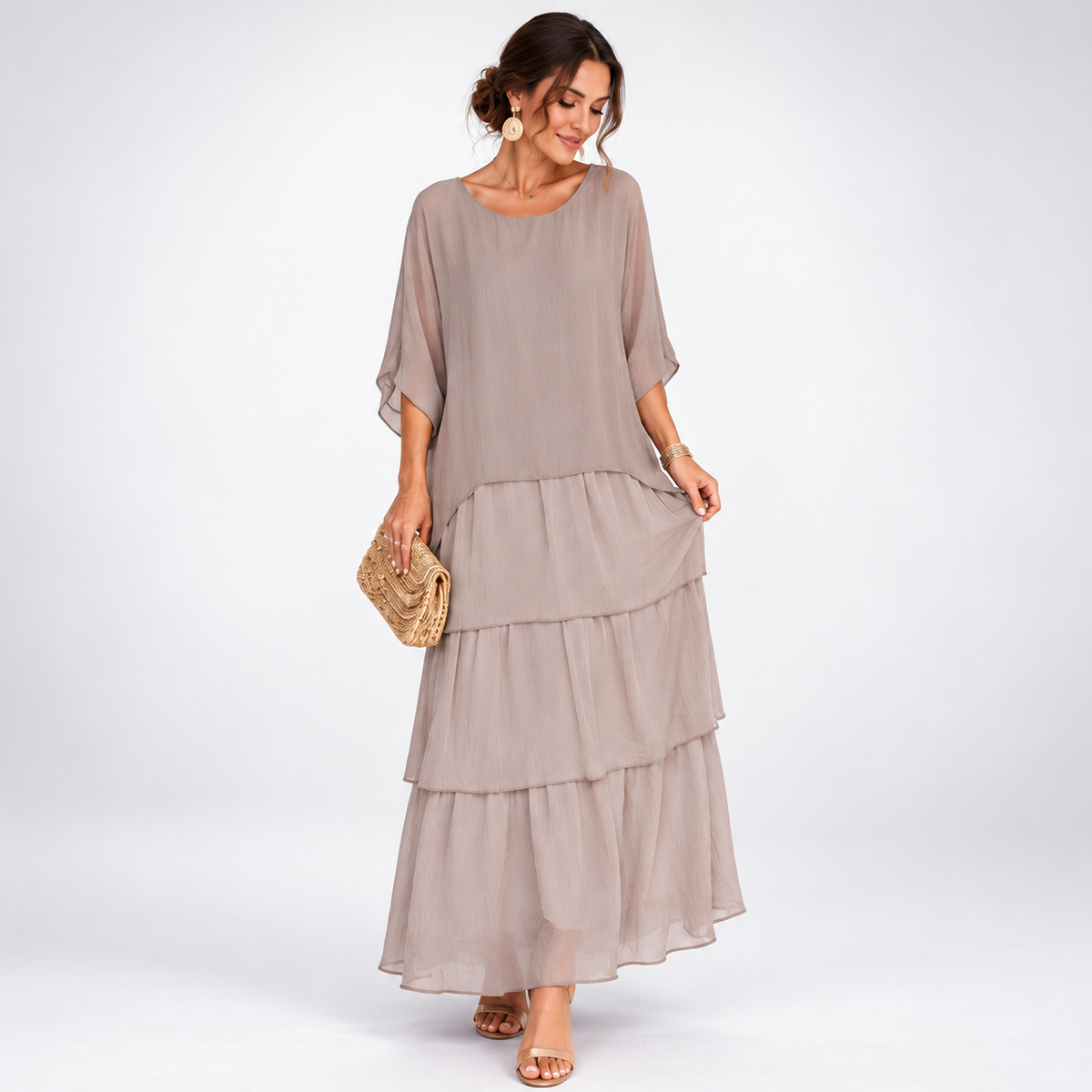 Maxikleid Damen mit gestuftem Schnitt und luftigen Ärmeln - 1 - Trendlinie
