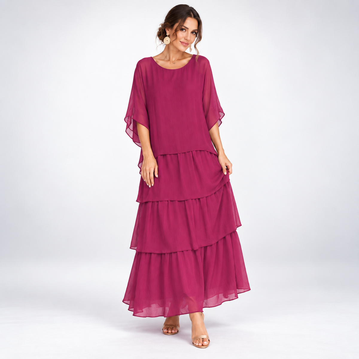Maxikleid Damen mit gestuftem Schnitt und luftigen Ärmeln - 6 - Trendlinie