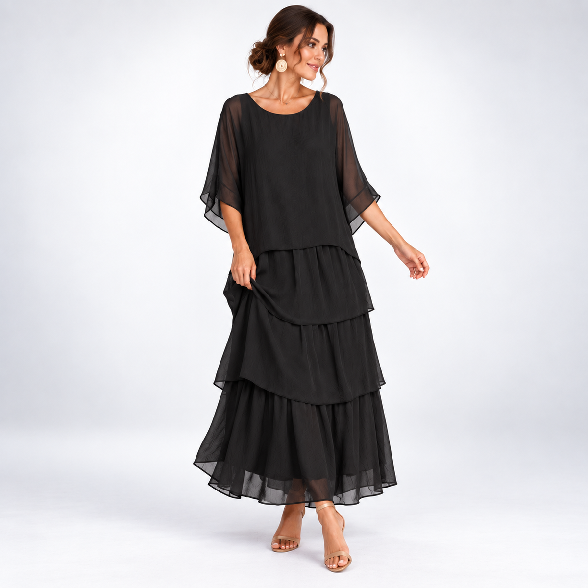 Maxikleid Damen mit gestuftem Schnitt und luftigen Ärmeln - 7 - Trendlinie