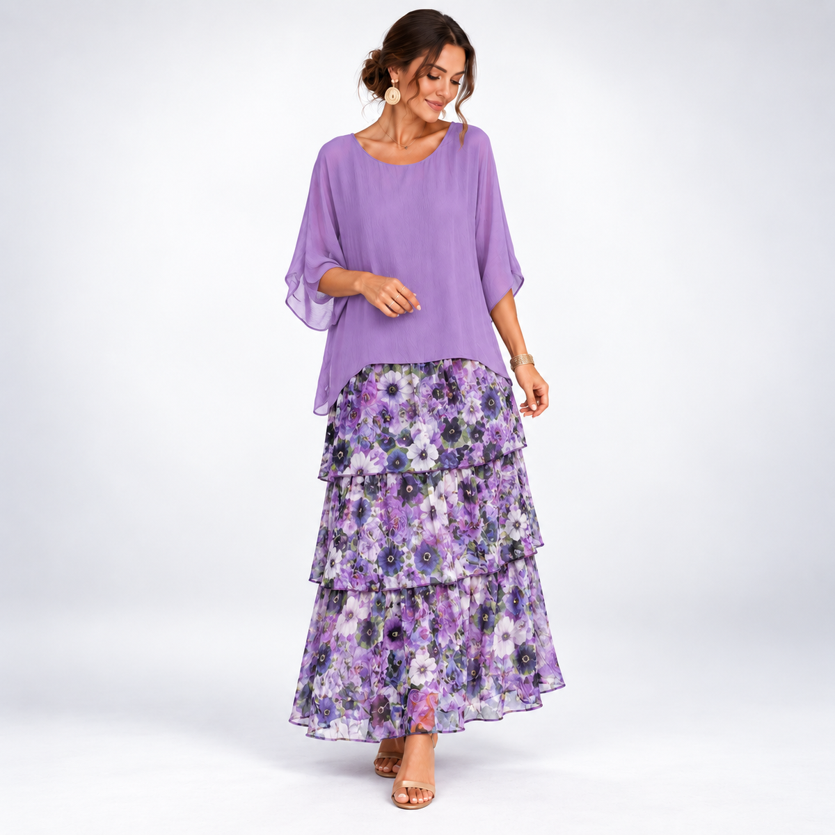 Maxikleid Damen mit gestuftem Schnitt und luftigen Ärmeln - 10 - Trendlinie