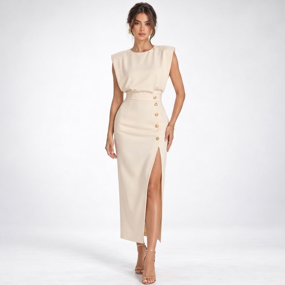 Maxikleid Damen mit tailliertem Schnitt und seitlichem Schlitz - 1 - Trendlinie