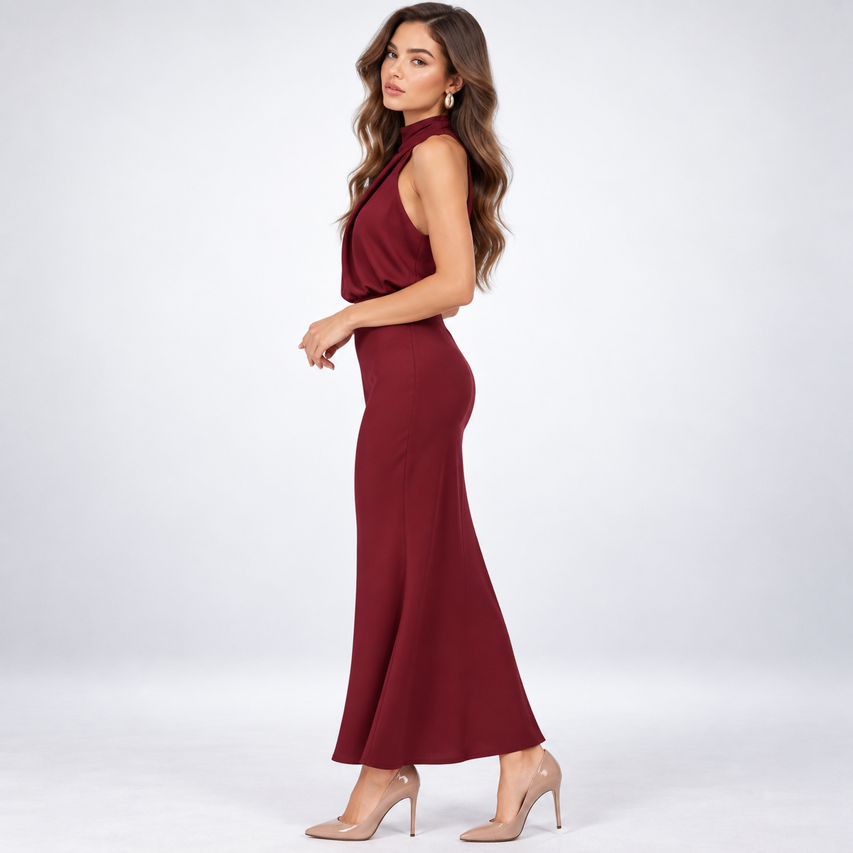 Maxikleid Damen mit hohem Kragen und figurbetontem Schnitt - 3 - Trendlinie