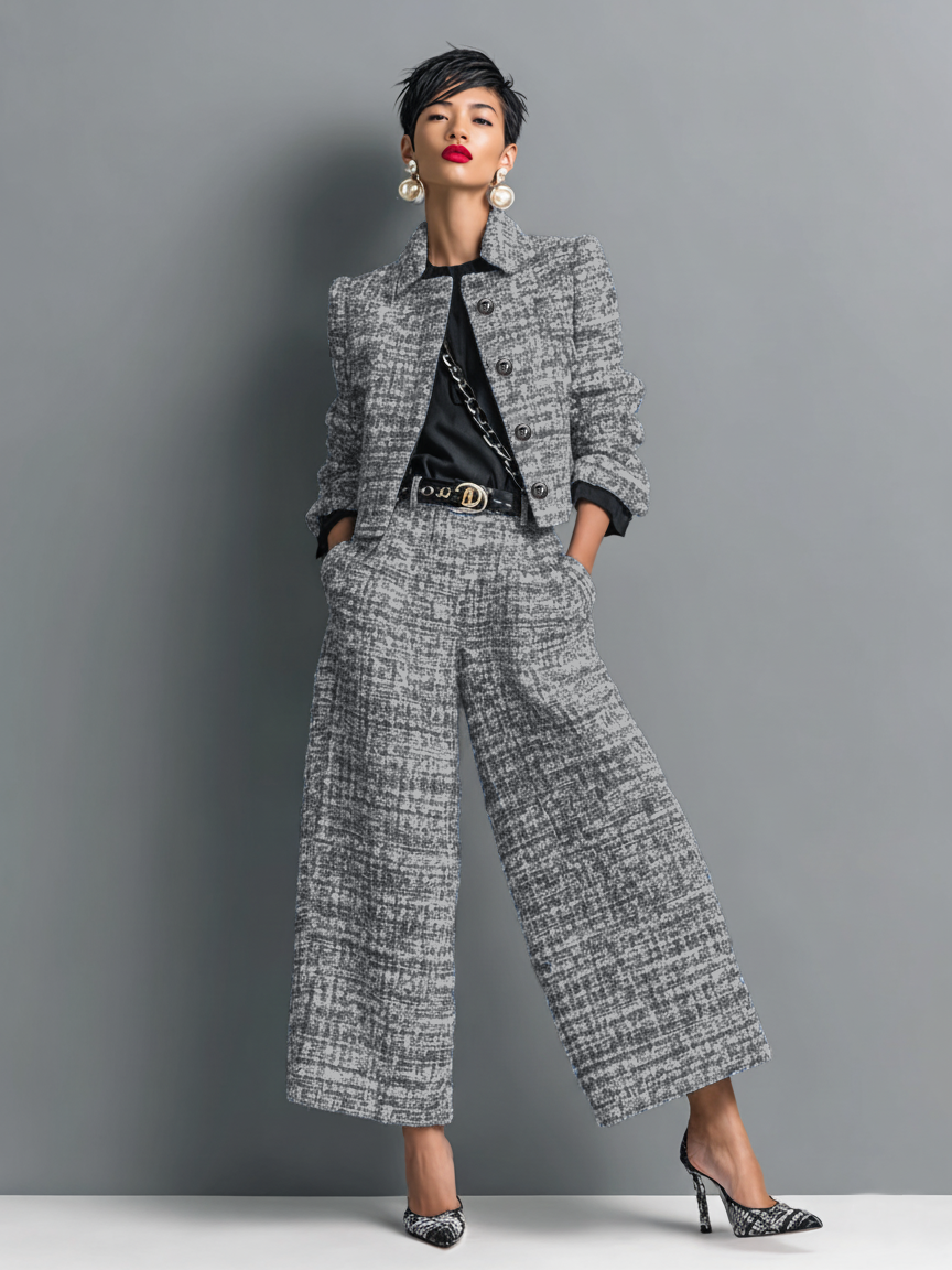 Elegantes Damen Outfit mit modischer Jacke und weiten Hosen - 1 - Trendlinie