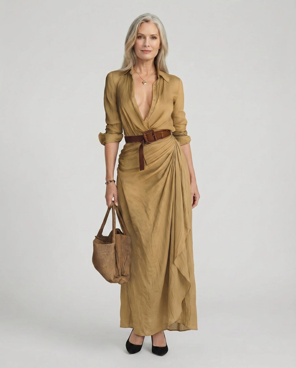 Maxikleid Damen mit Wickelschnitt und Taillengürtel - 1 - Trendlinie
