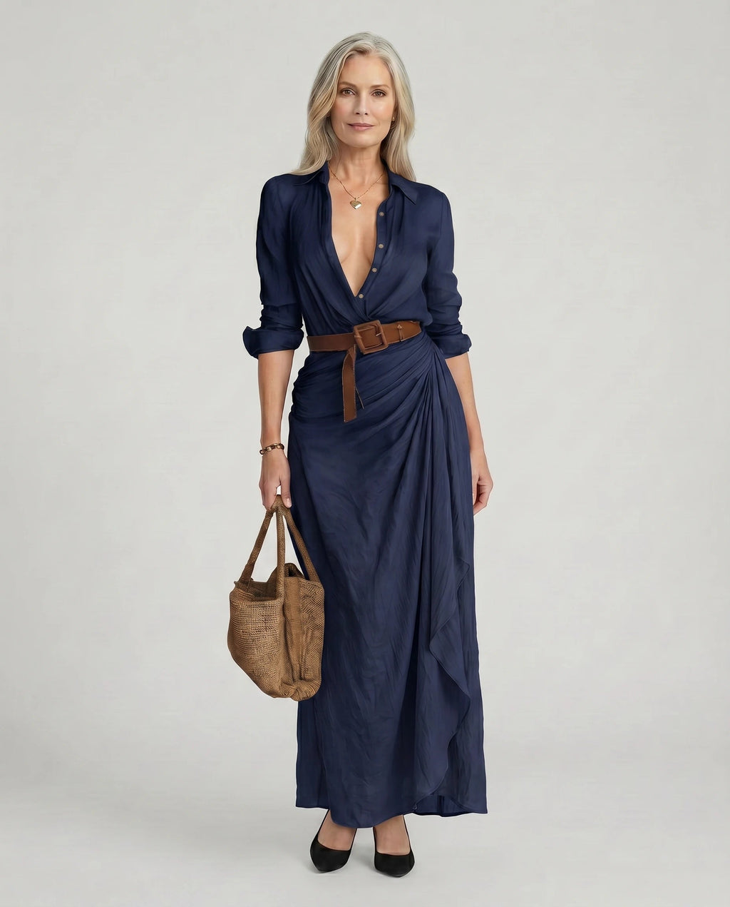 Maxikleid Damen mit Wickelschnitt und Taillengürtel - 3 - Trendlinie