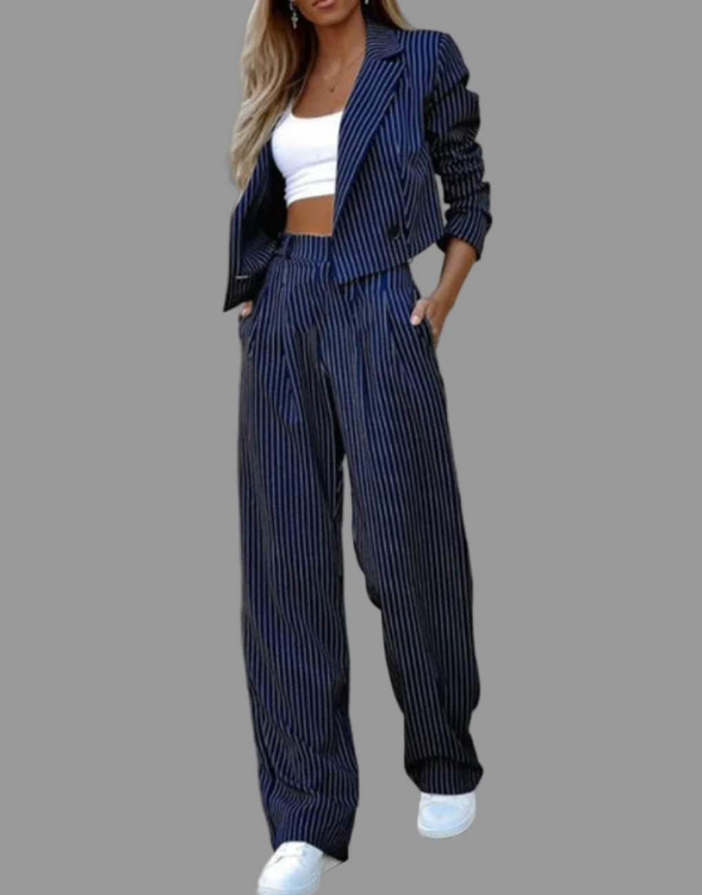 Streifenanzug Damen mit tailliertem Blazer und weitem Hosen - 1 - Trendlinie