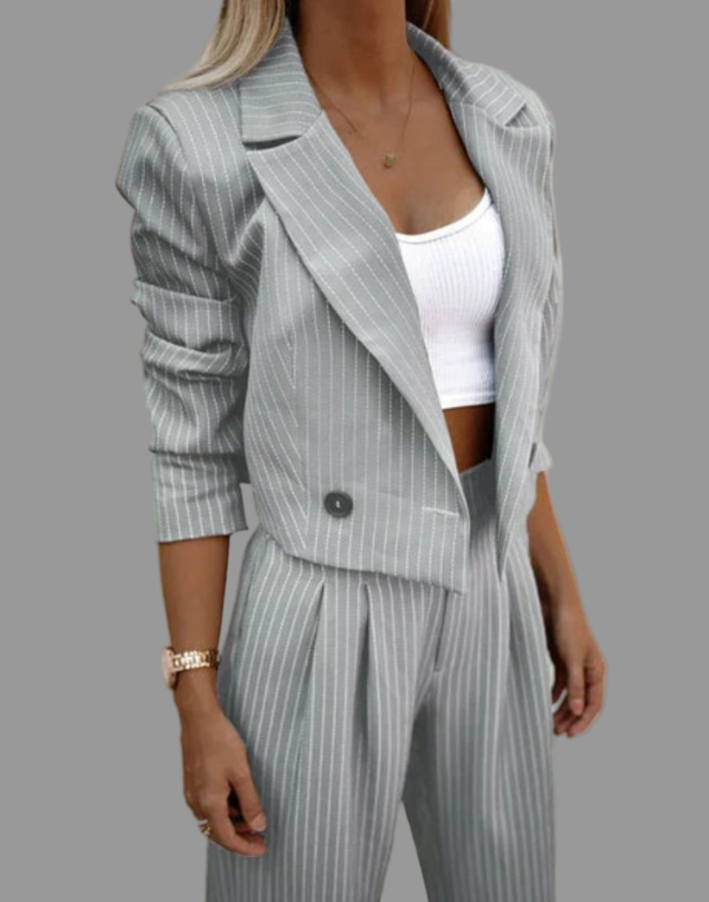 Streifenanzug Damen mit tailliertem Blazer und weitem Hosen - 2 - Trendlinie