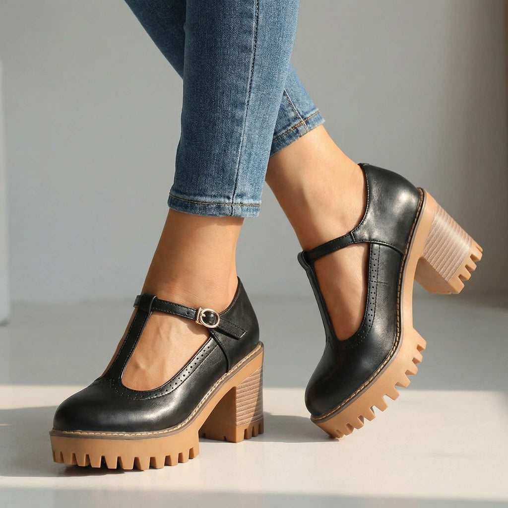 Damen Pumps mit Blockabsatz und T-Strap-Design - 1 - Trendlinie