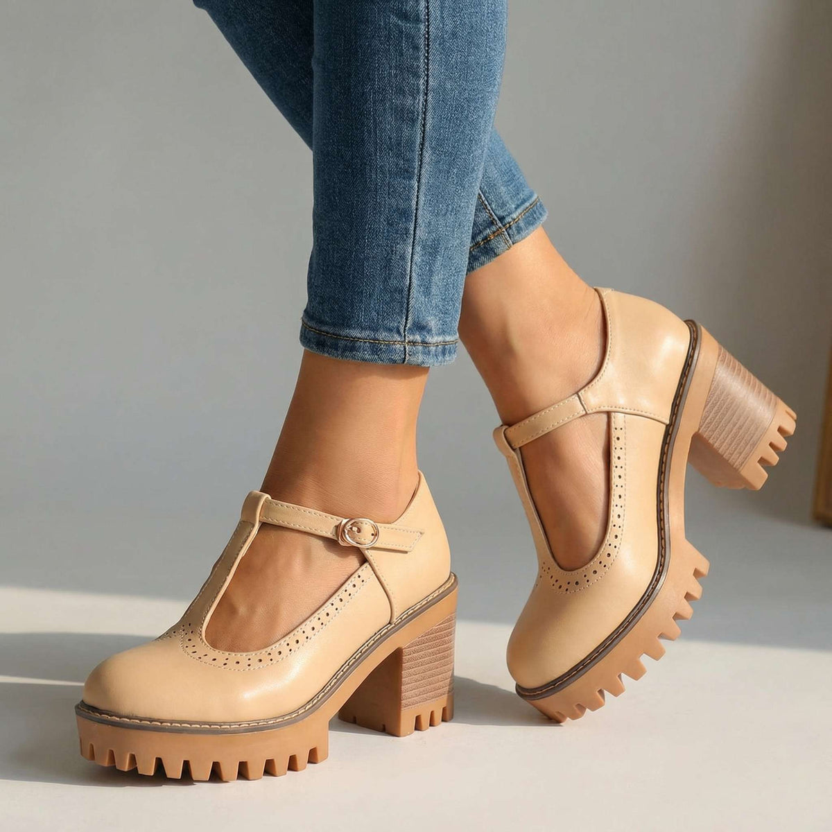 Damen Pumps mit Blockabsatz und T-Strap-Design - 4 - Trendlinie