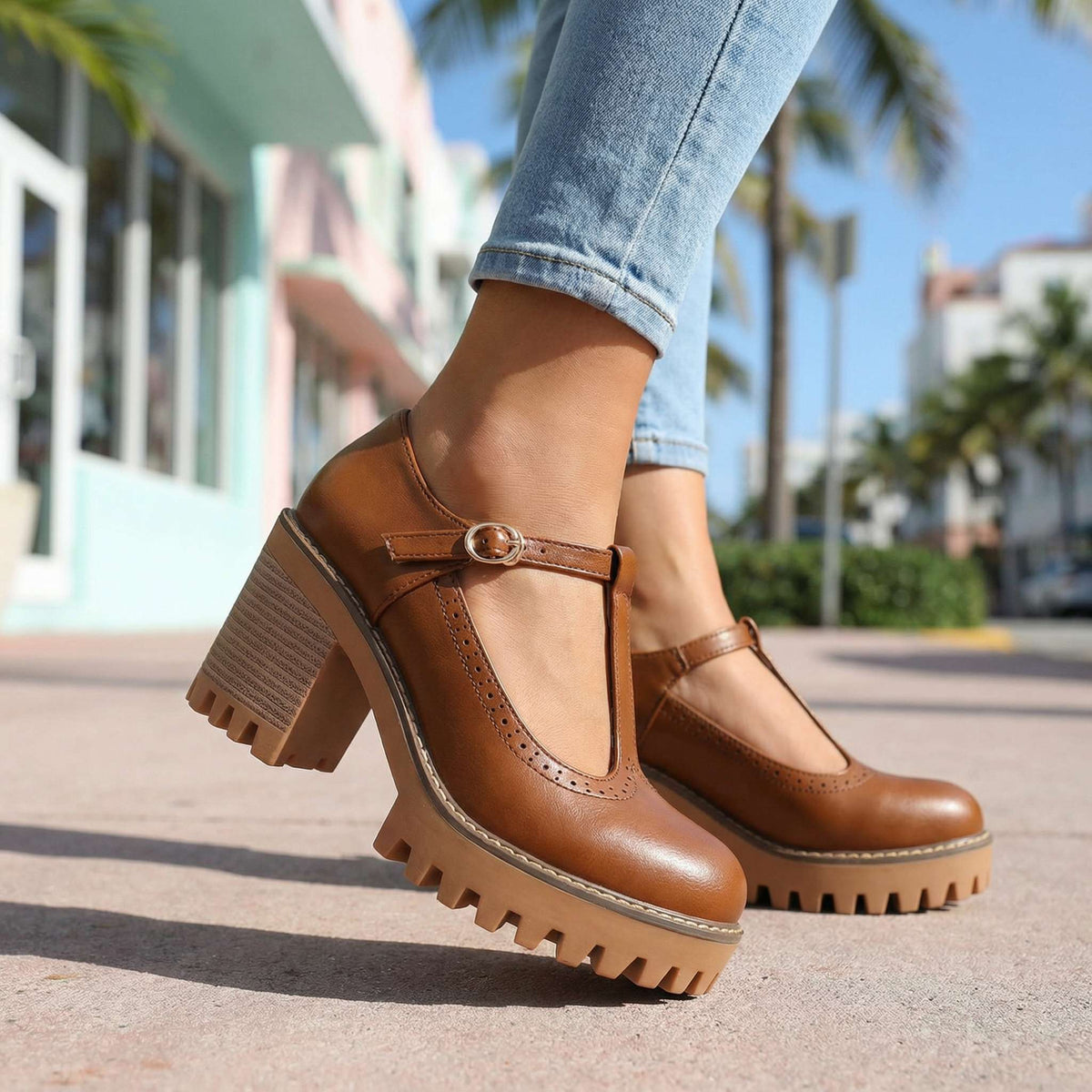 Damen Pumps mit Blockabsatz und T-Strap-Design - 5 - Trendlinie