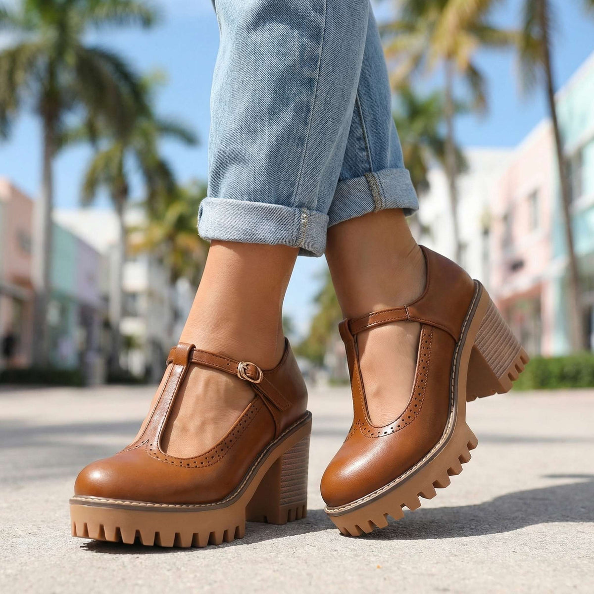 Damen Pumps mit Blockabsatz und T-Strap-Design - 9 - Trendlinie