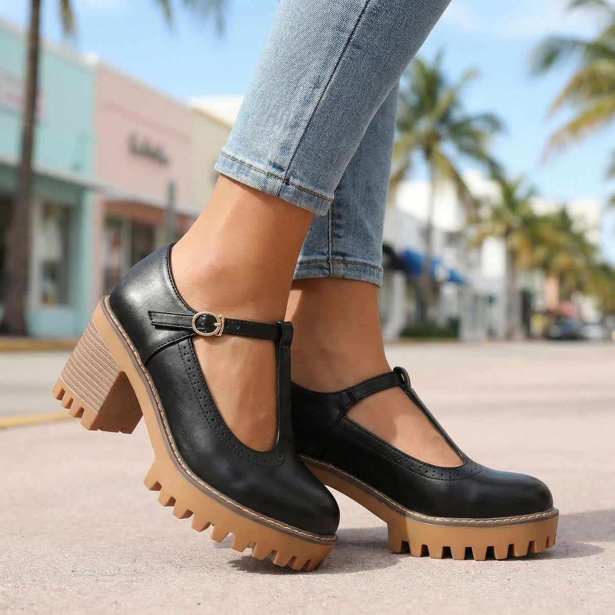 Damen Pumps mit Blockabsatz und T-Strap-Design - 10 - Trendlinie