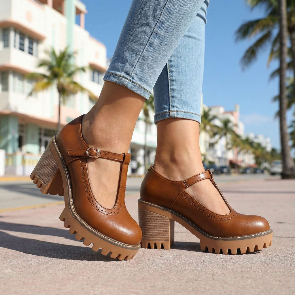 Damen Pumps mit Blockabsatz und T-Strap-Design - 13 - Trendlinie