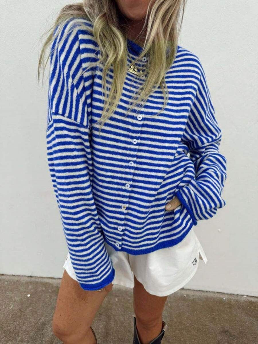 Cardigan Damen gestreift mit Knopfdetails und V-Ausschnitt - 4 - Trendlinie