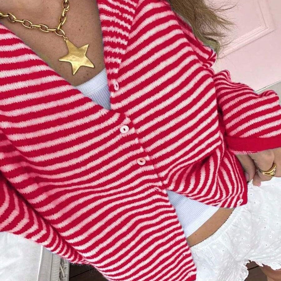 Cardigan Damen gestreift mit Knopfdetails und V-Ausschnitt - 8 - Trendlinie