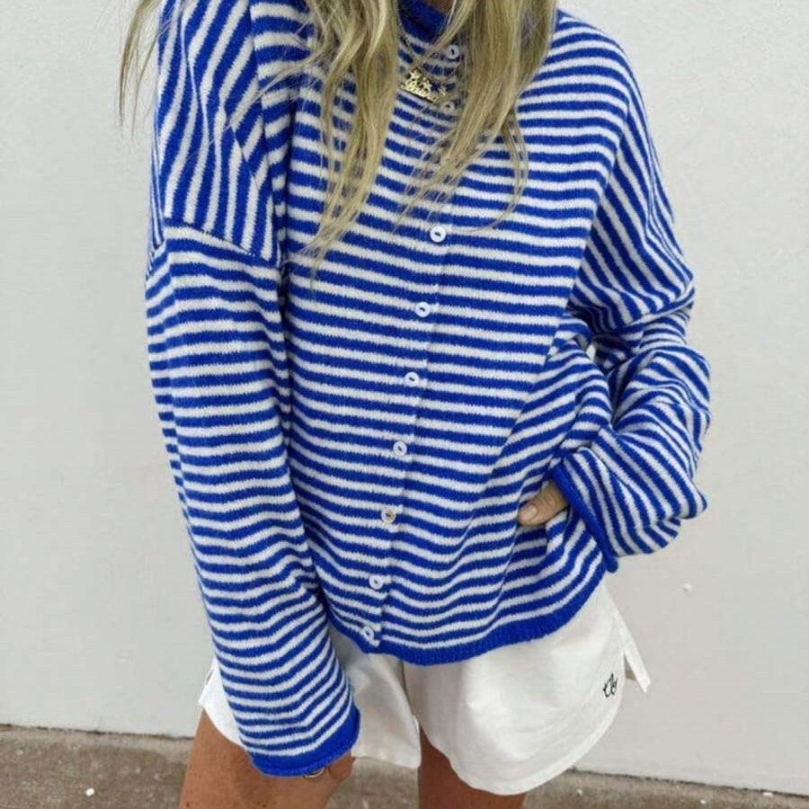 Cardigan Damen gestreift mit Knopfdetails und V-Ausschnitt - 9 - Trendlinie