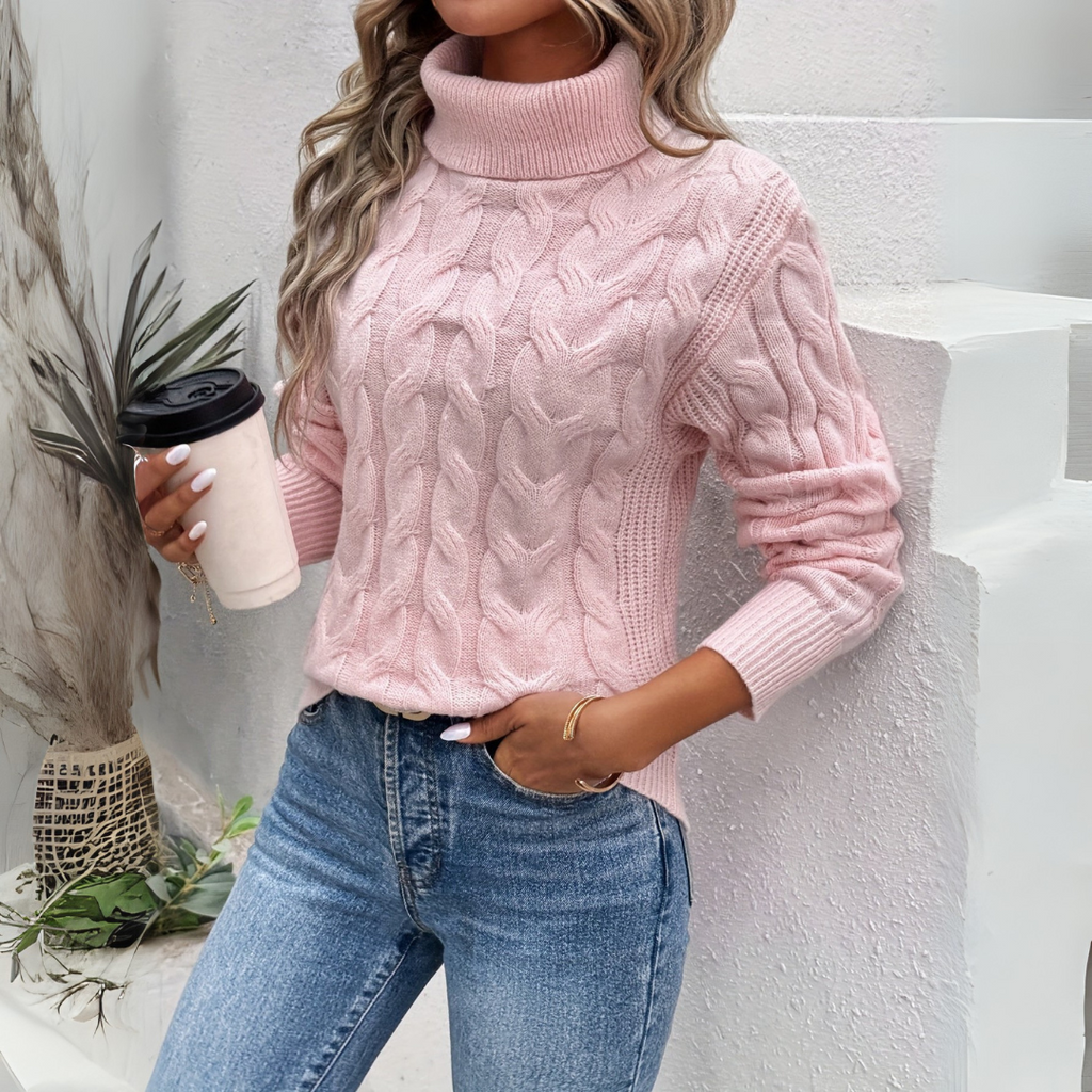 Eleganter Pullover Damen mit hohem Kragen und Zopfdesign - 1 - Trendlinie