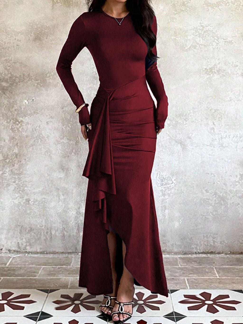 Maxikleid Damen mit langem Arm und Wickeldesign für einen eleganten Look - 6 - Trendlinie